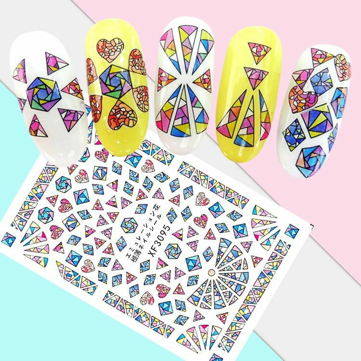 Nail Art 3D Decal Stickers stained glass drawings heart triangle rhombus XF3095