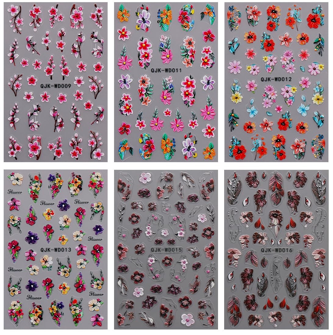 6 Sheets Flower Nail Art Stickers Decals Self-Adhesive Spring Summer Floral