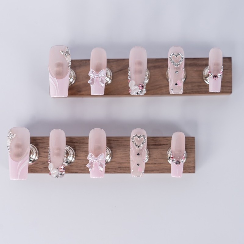 10pcs Pink French Nails 3D Bow Heart Beads Sweet Wedding Vacation