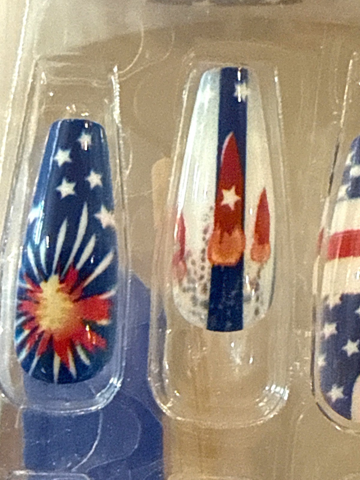 4th Of July Long Coffin Nails 24pc Red White Blue Stars Stripes Fireworks Flags