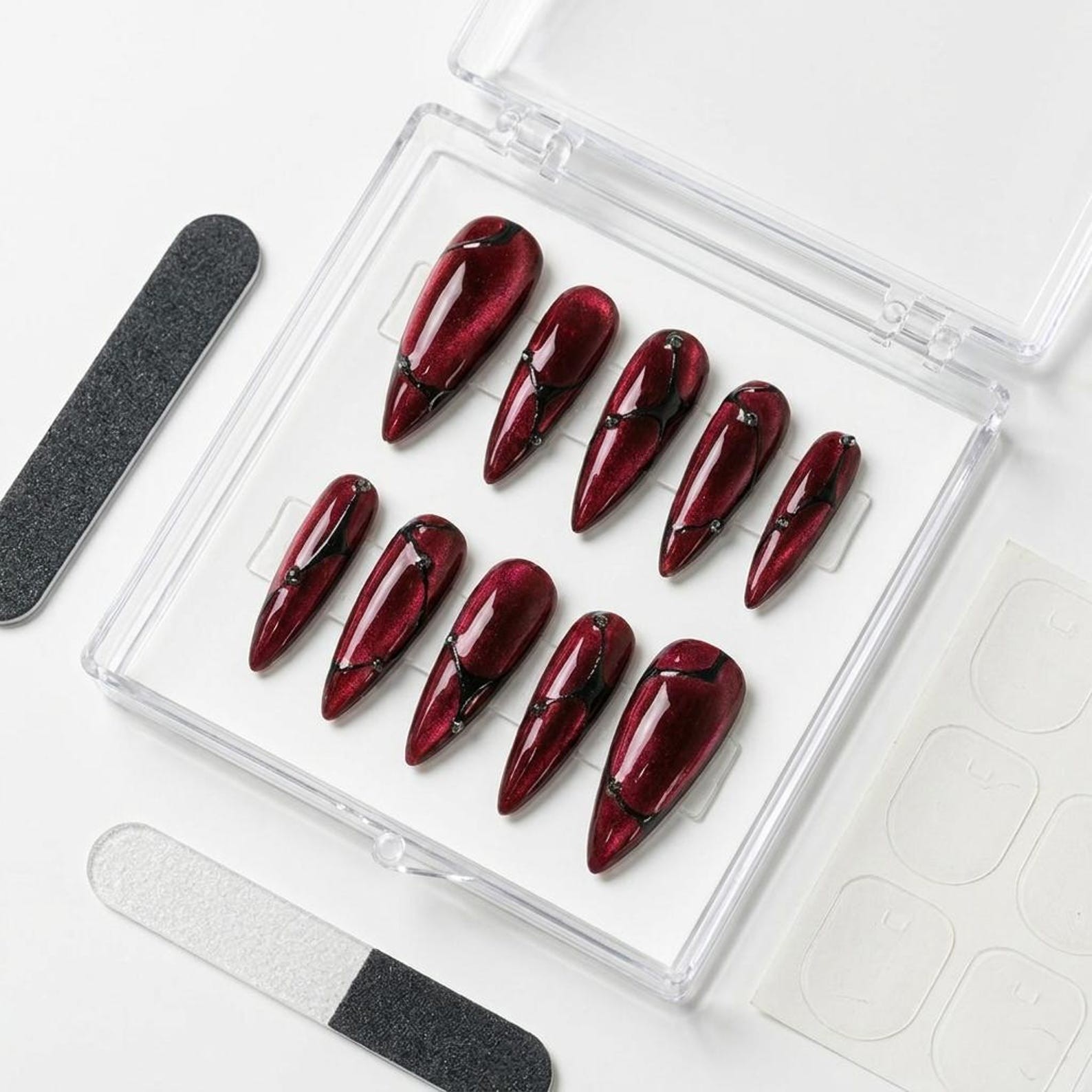 Custom Handmade Halloween Burgundy Cat Eye Black Line Rhinestone Press on Nails