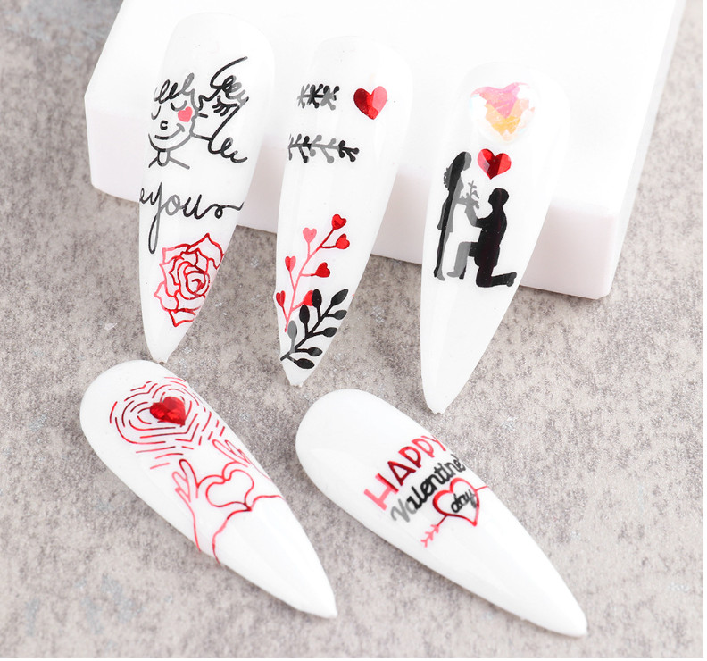 3D Nail Art Stickers Red Black Rose Flower Lace Heart Kiss Valentine Bride NH23