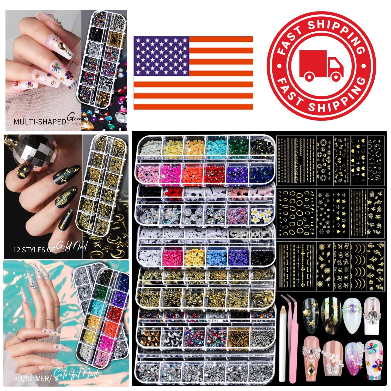 Crystal Nail Charms and Pearls with Gold Stickers for Creative Nail Designs