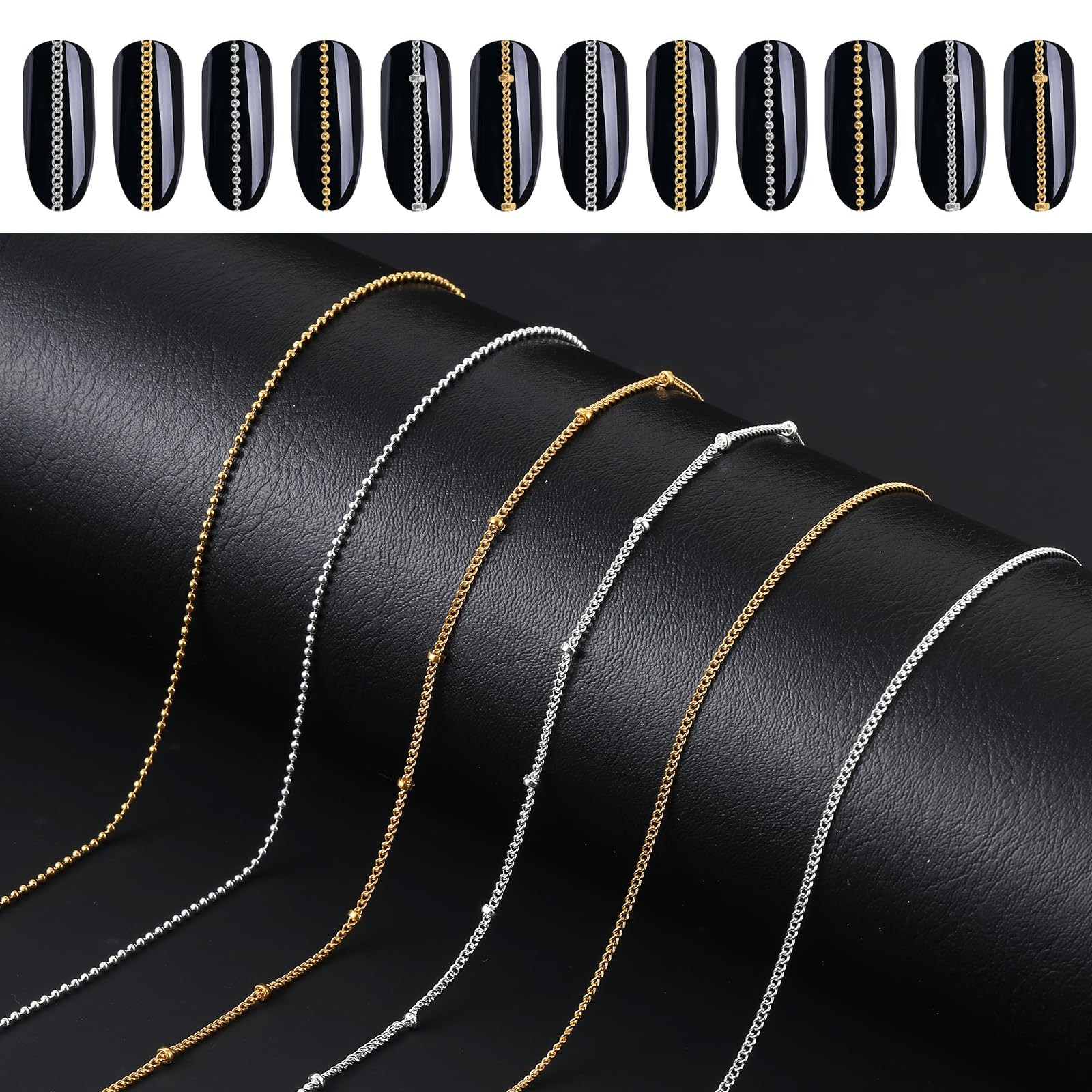 6 Strips 3D Nail Art Chains Nails Chain Charms Metallic Chain Nail Charm Gold…