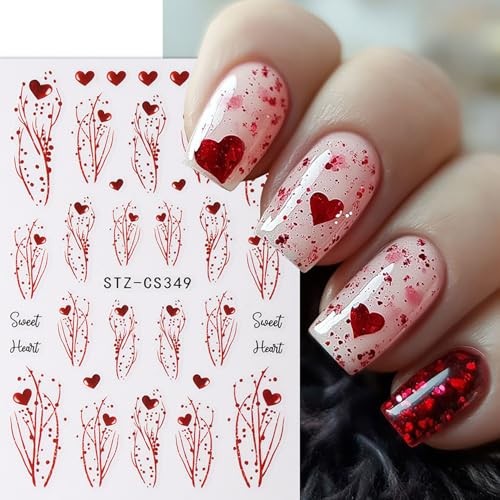 Valentine’s Nail Art Stickers Red Heart Nail Decals 3D Self Red Love Heart Bow