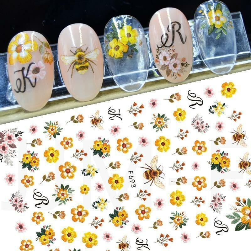 Nail Art Stickers Decals Yellow Flowers Bumble Bee Floral Bees Wasp F693 NS44