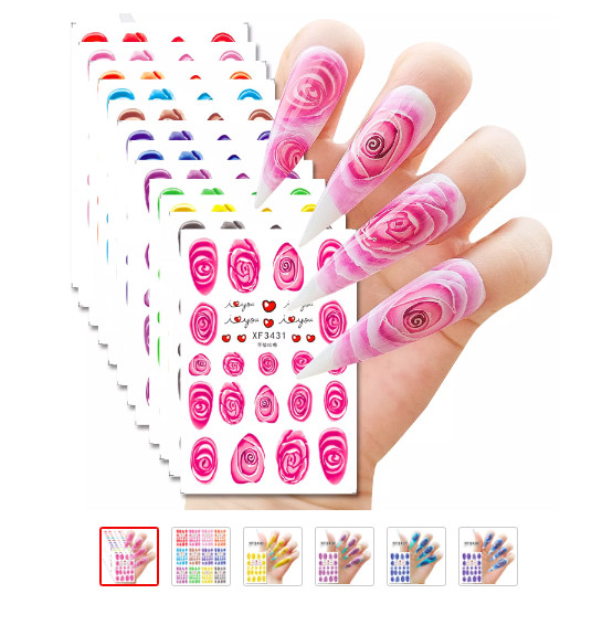 3D Adhesive Nail Art Decal Valentine Pink Red Rose Pattern Flower Stickers NH15