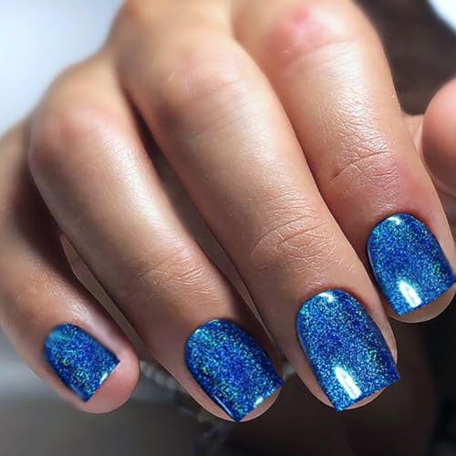 Royal Blue Press on Nails – Glitter Short Square Fake Nails – False Style5