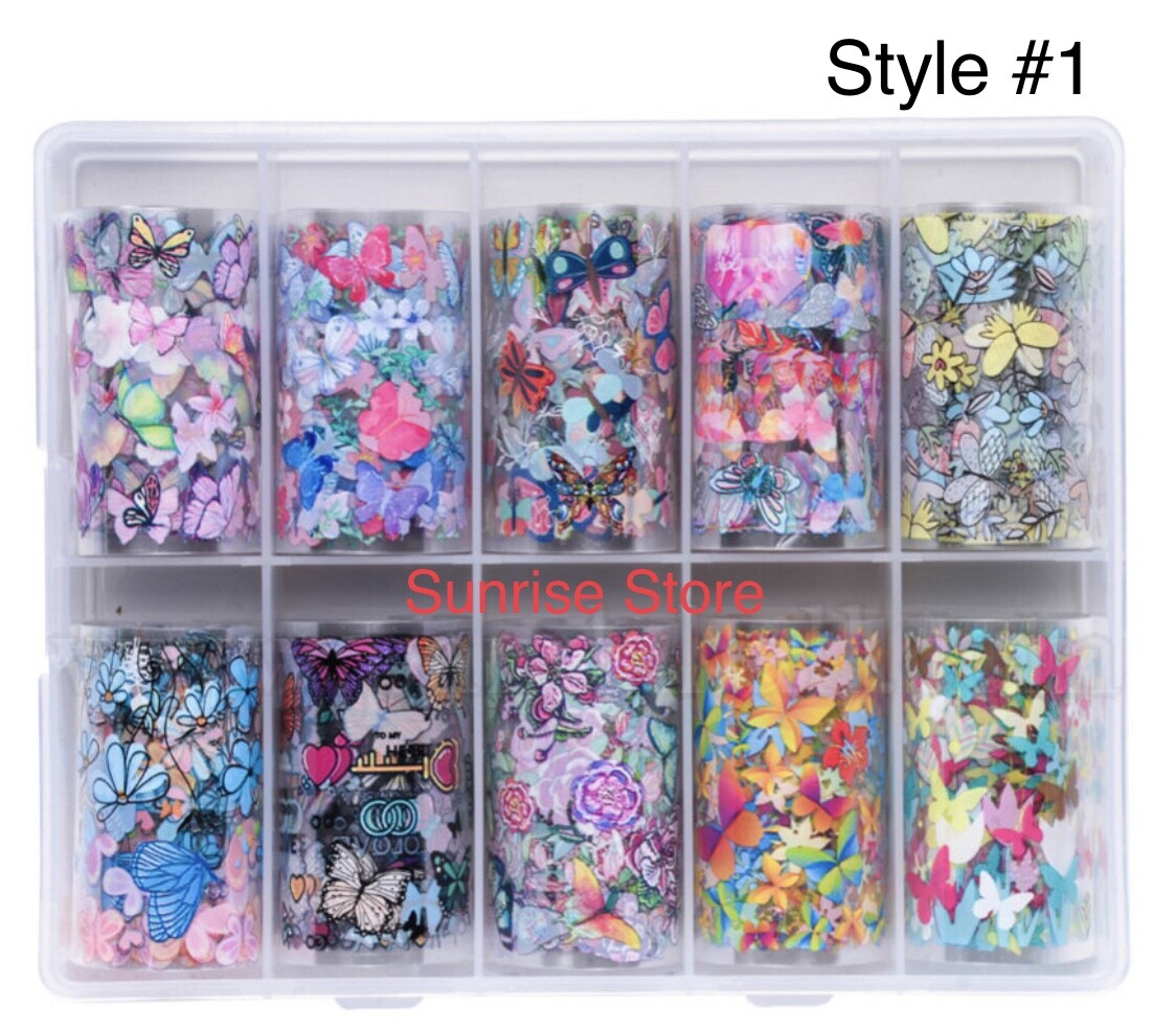 10 pcs Nail Art Transfer Foil Sticker Flower Butterfly Floral Decals Nail Foil