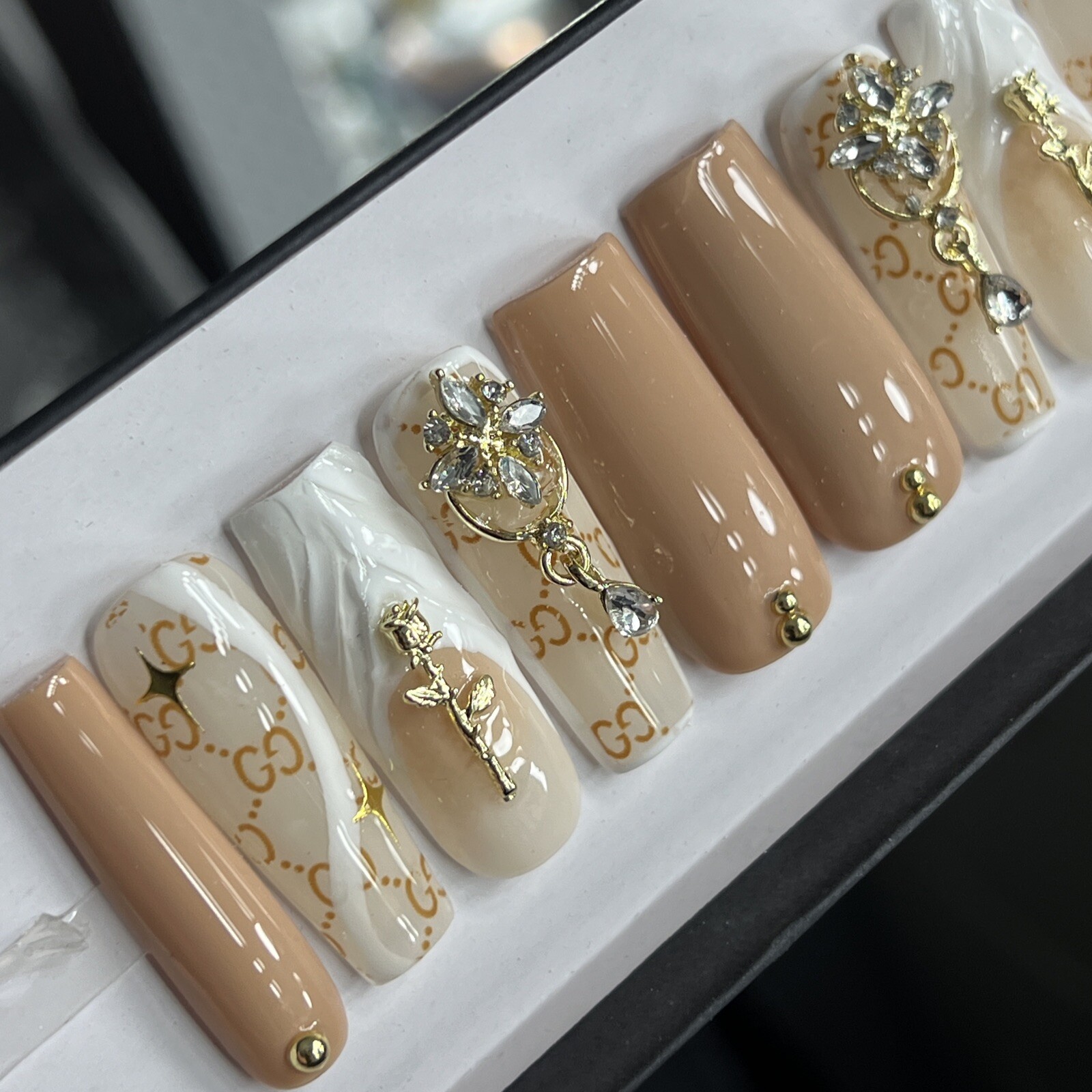 💎 CUSTOM Hard Gel Press On Nails, BLING NUDE , 10p FULL SET W Kit LONG SQUARE