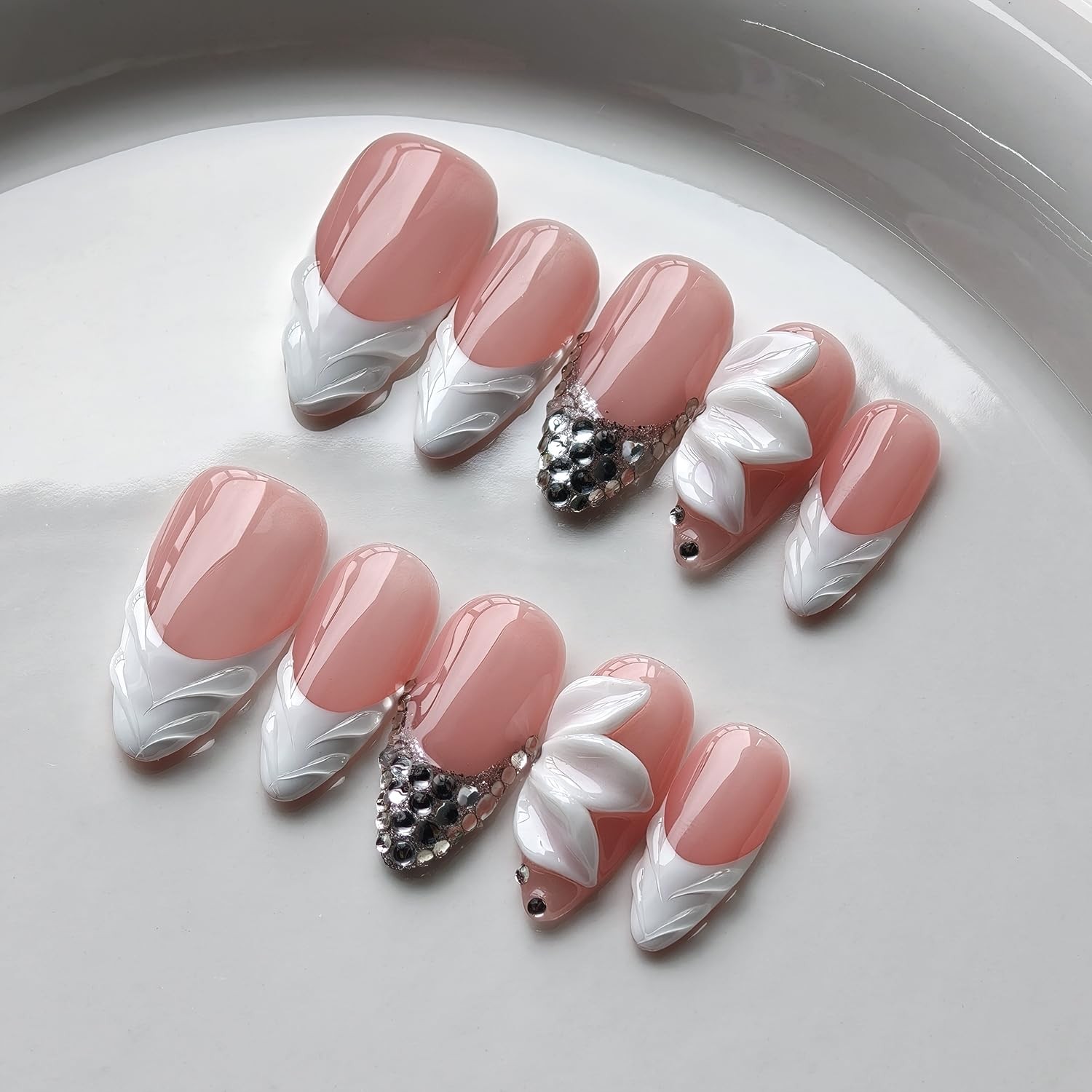 French Tip Press on Nails Handmade Medium Almond 3D Thick Acrylic Nails White…