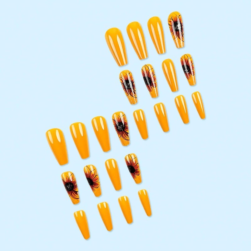 48 Warm Sunflower Hand Drawn Fake Nails – Removable Fake Nail Art