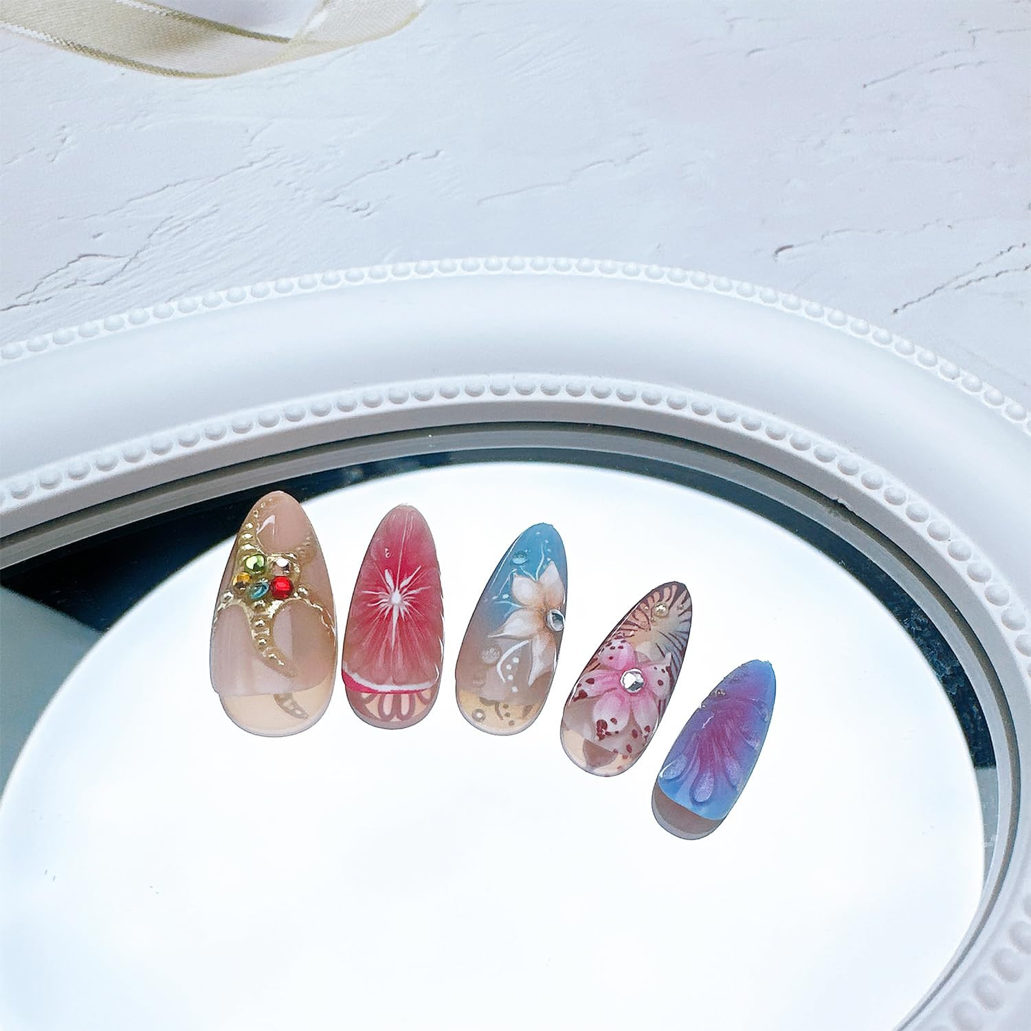 24Pcs Flower Press on Nails Medium Almond Fake Nails with 3D Floral Gold Beads C