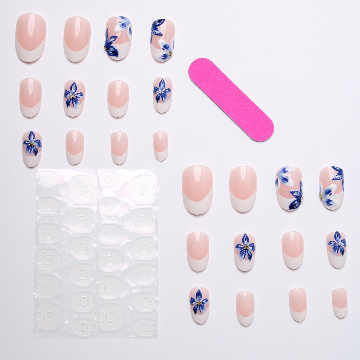 24Pcs Blue Flower Press on Nails Medium Almond French Tip Fake Nails 3D Floral G