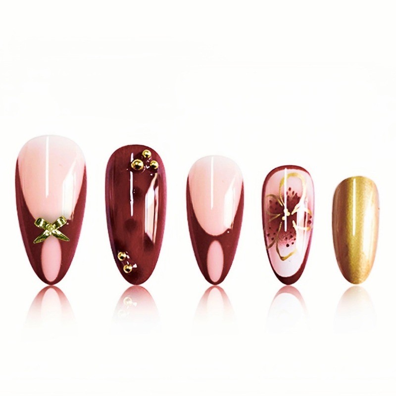 24pcs-Luxury Brown Almond Nails with Nude Base, Tortoise Print and 3D Floral Art