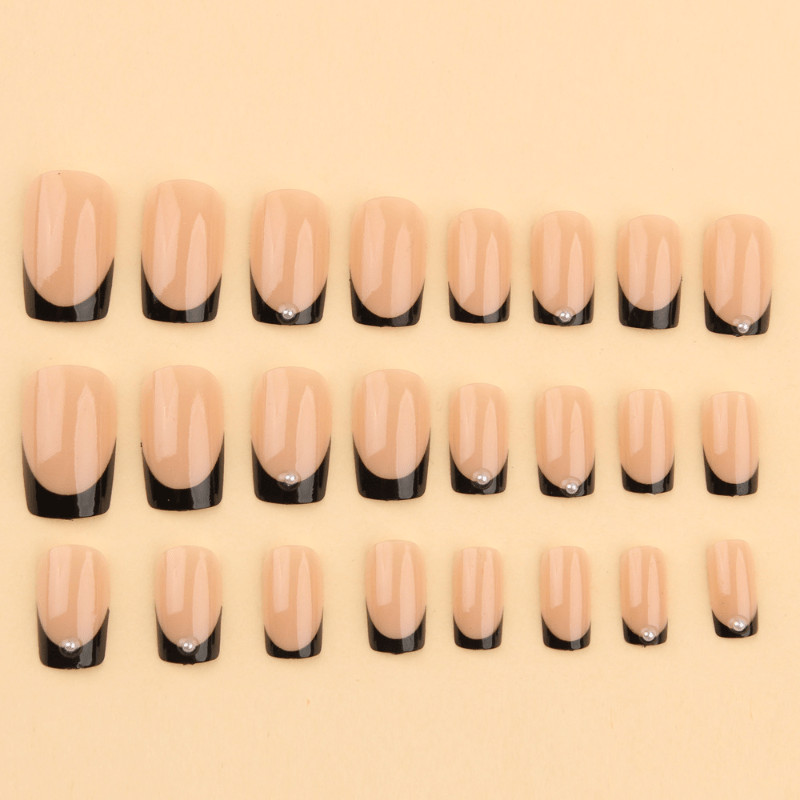 48pcs Short Square Press on Nails, Black French Pearl Nude Gloss Casual Nails