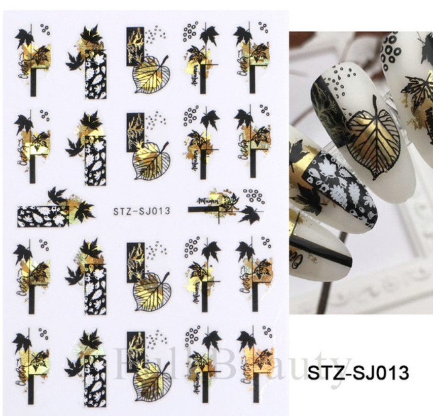 Nail Art Water Decals Stickers Gold Black Maple Leaf Fern Peel & Stick SJ13 NS45