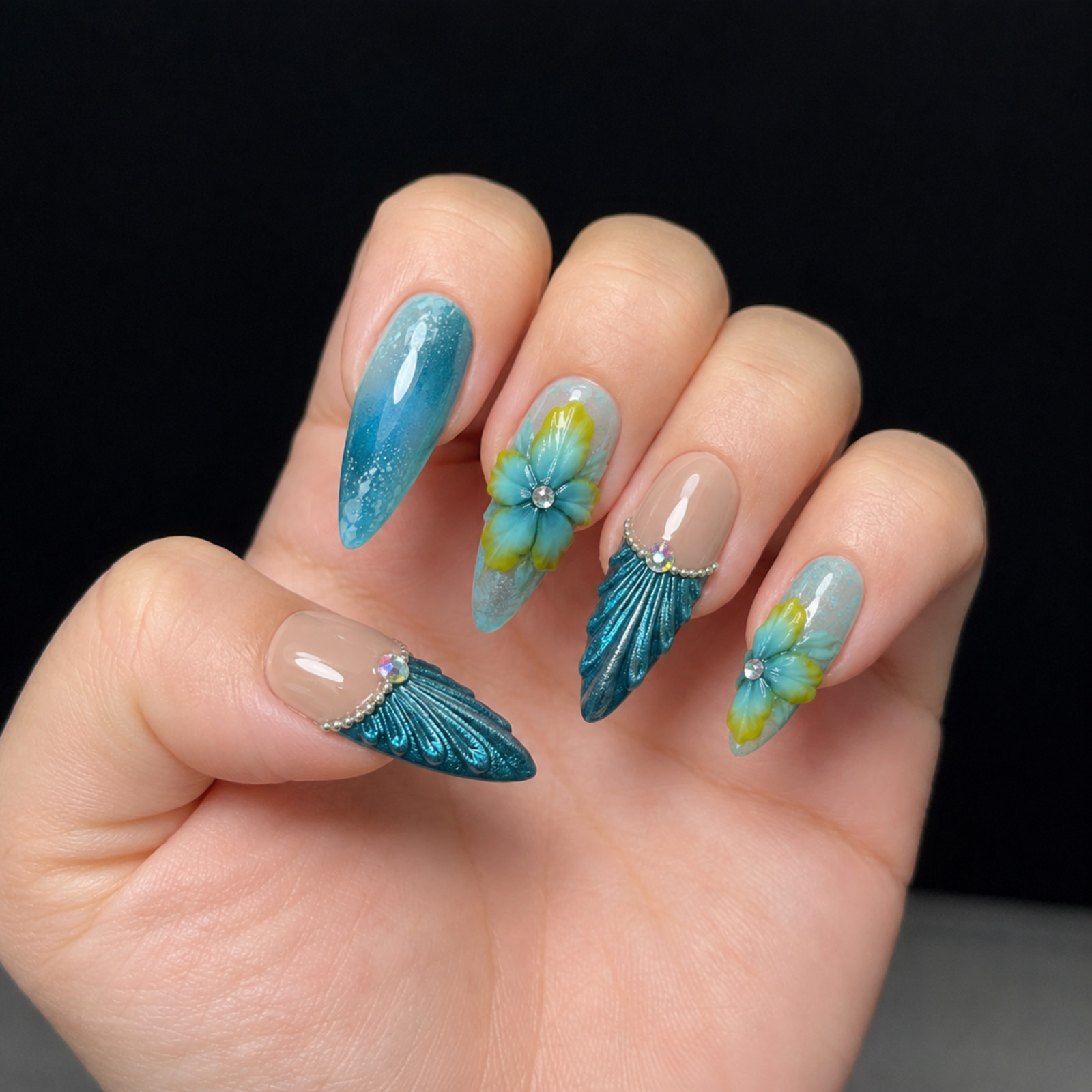 Handmade Turquoise 3D Flower Press On Nails Rhinestone Almond Set
