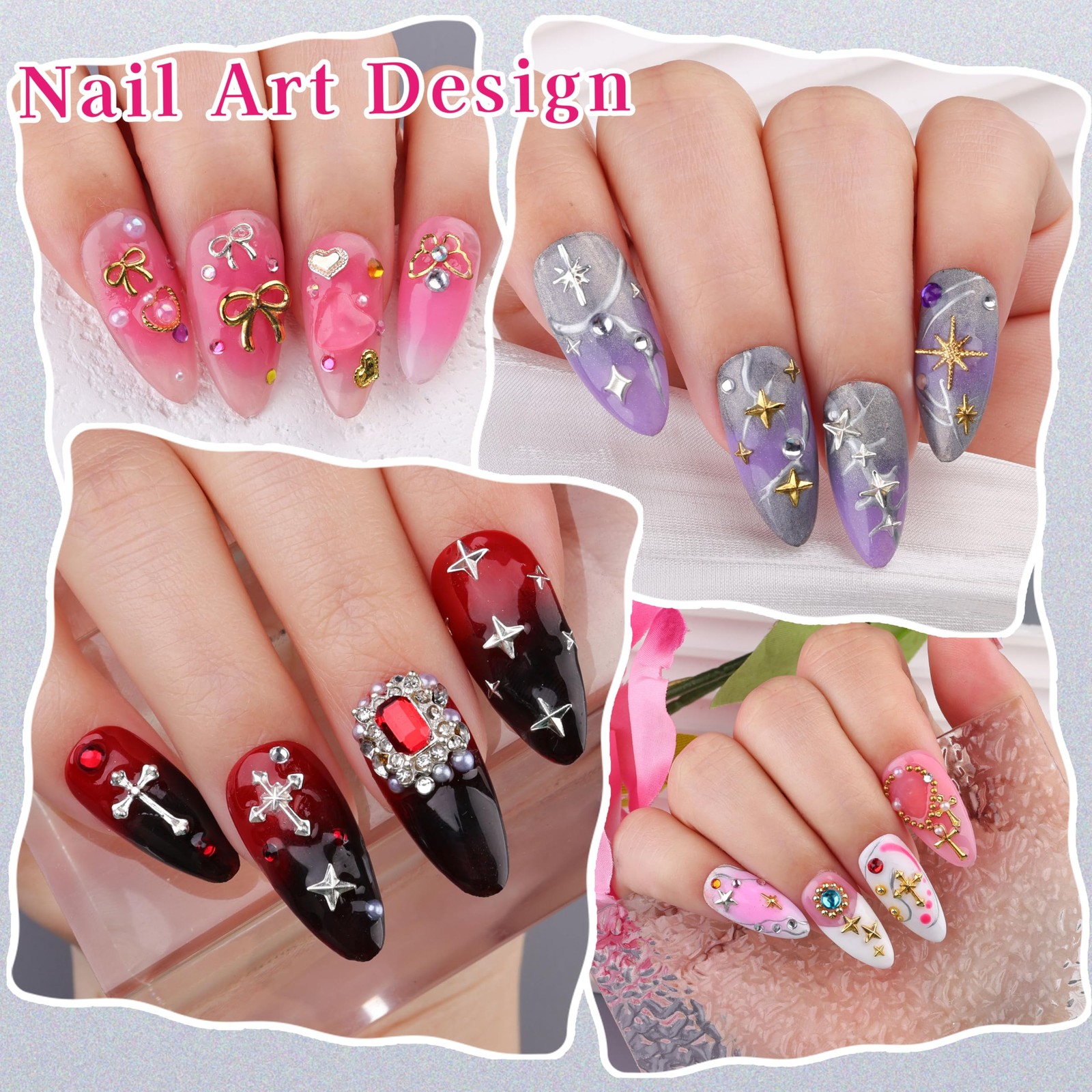 Gold Silver Star Cross Bows Nail Charms, 6 Boxes 3D Metal Y2K Nail Charms and…