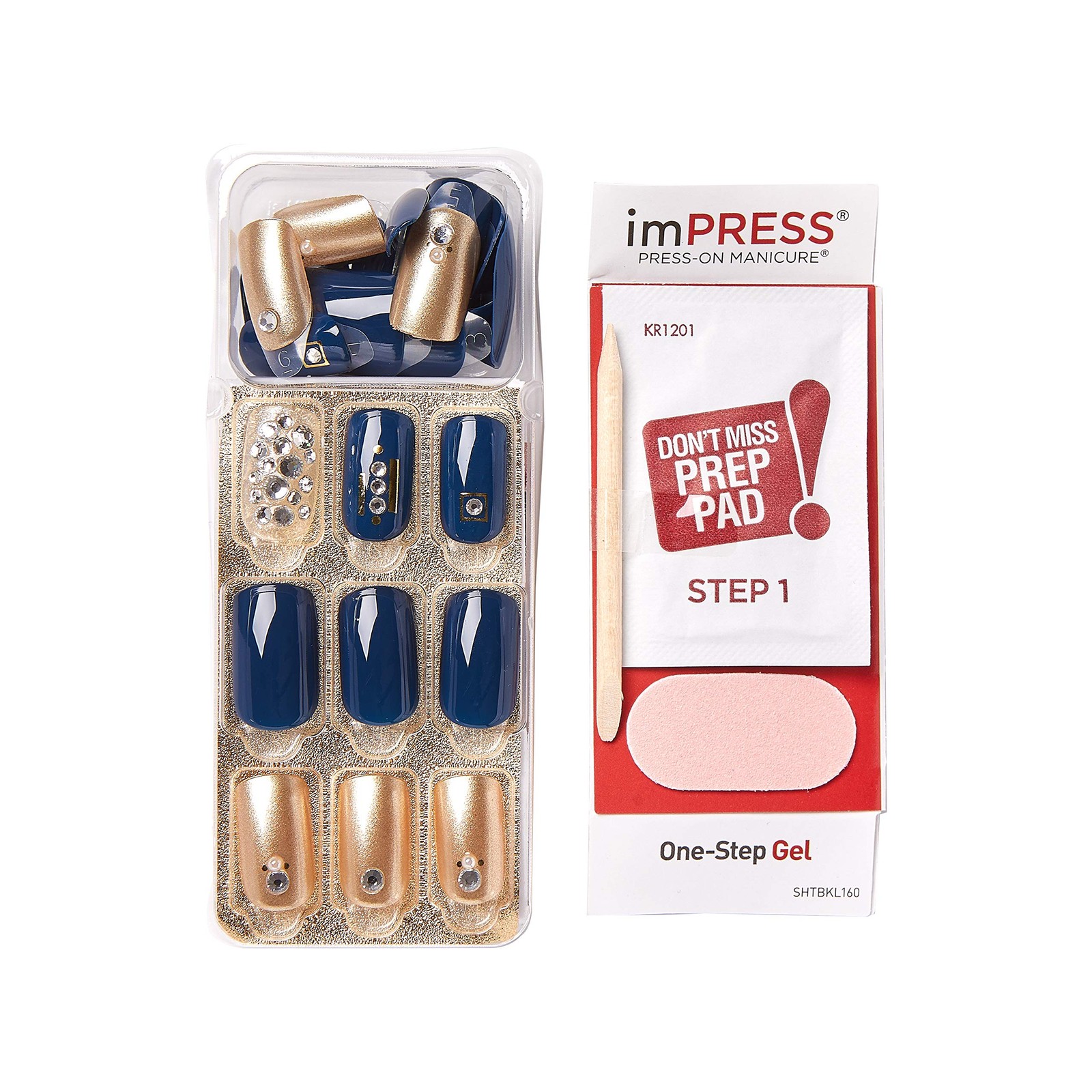 Kiss Impress Press-on Manicure One-Step 30 Count (Pack of 1), Navy Blue,Gold