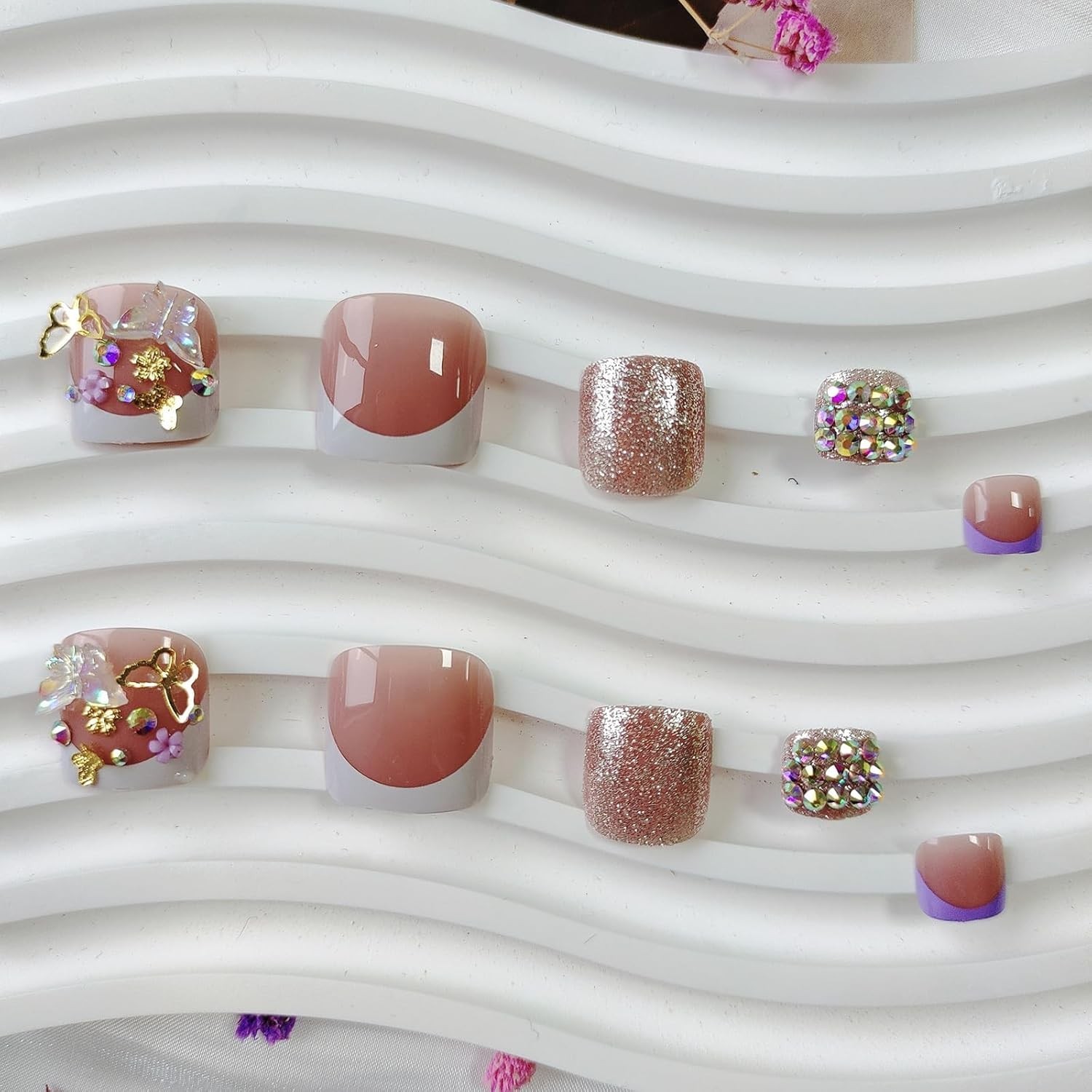 White French Tip Press on Toenails Short Square Fake Toe Nails with Gold style6