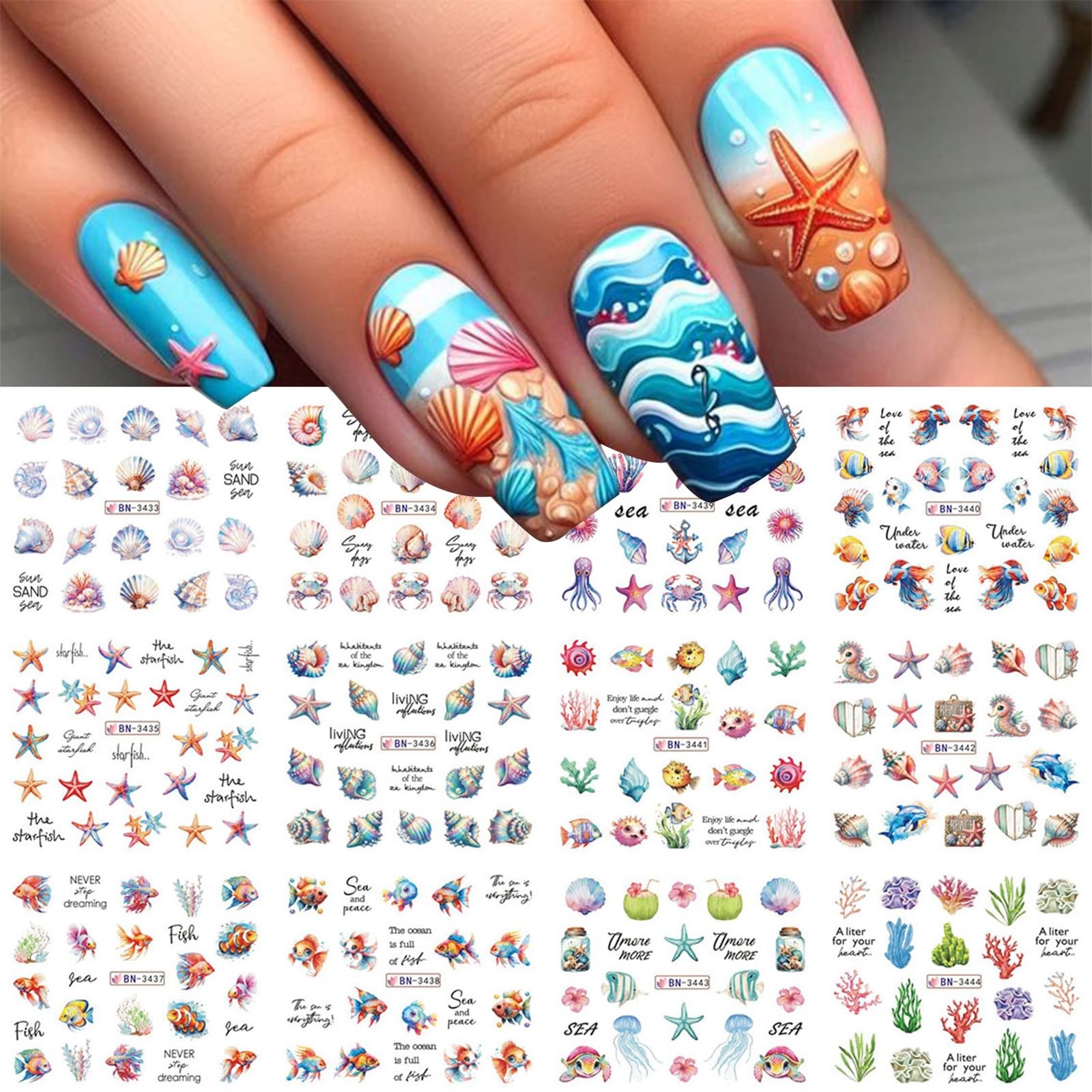 Summer Ocean Water Transfer Nail Stickers, Sea Life Nail Decals with Shell St…
