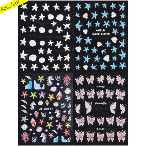 Summer Ocean Nail Stickers, Starfish Seashell Sea Horse Coral Nail Ocean Theme
