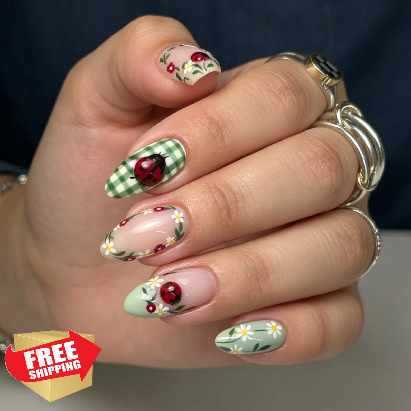 Tephrent Ladybug French tip nails medium