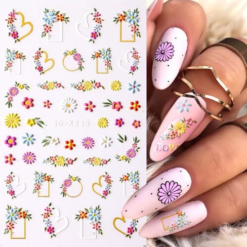 5D Flower Nail Art Stickers, 5D Embossed Floral Nail Decals Daisy Small Flower