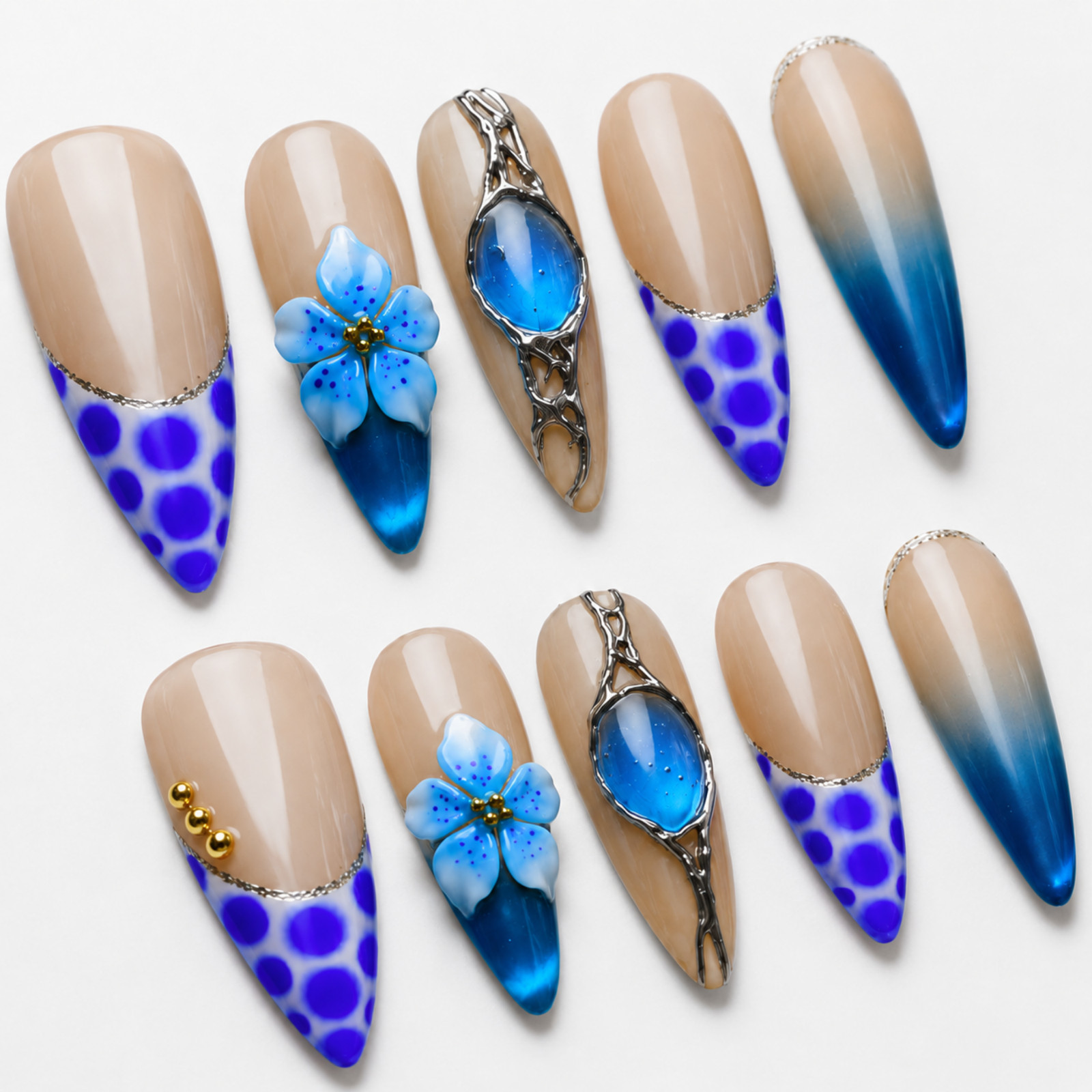Handmade Blue Floral Press On Nails 3D Gem Nude Ombre Set