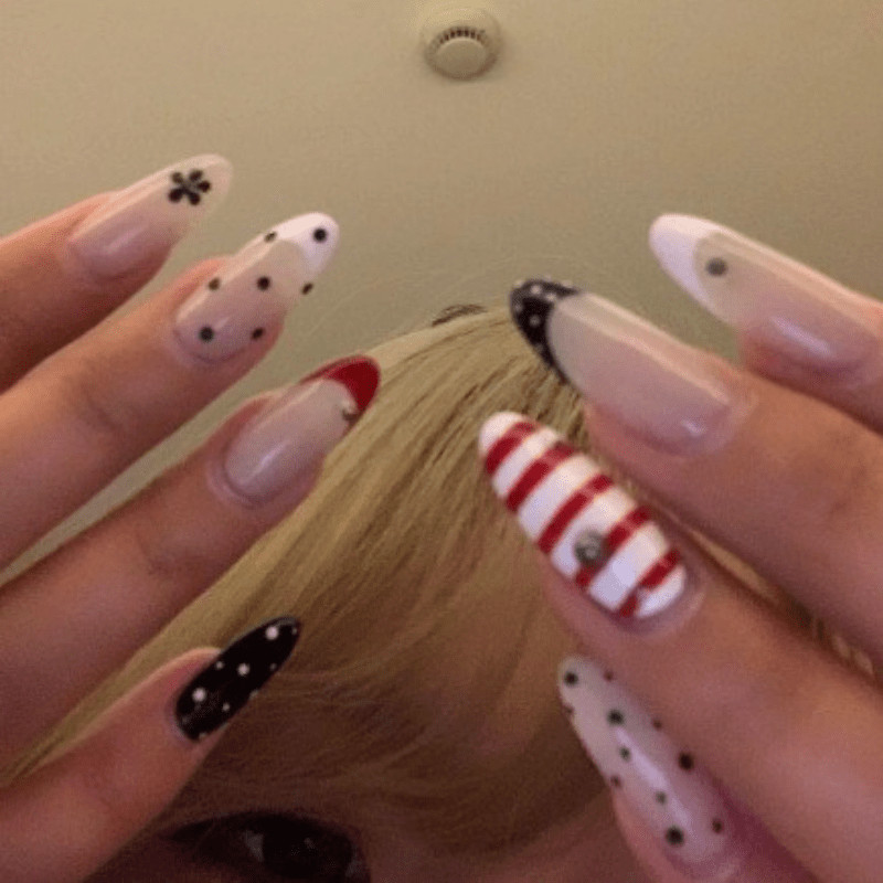 48 Pcs Stripe Dot Press on Nails, Medium Almond Nude Minimal Trendy Fake Nails