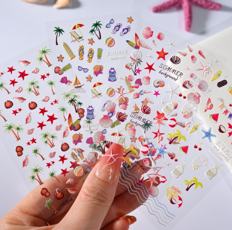 Summer 5D Embossed Ocean Nail Art Stickers AZTSYT Starfish Seashell Coconut NH27