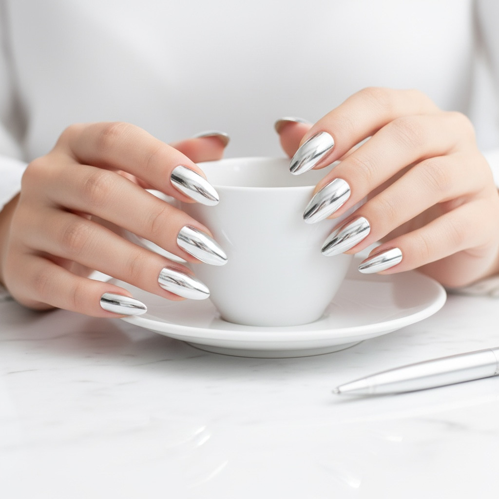 Silver Mirror Design Metallic Stiletto Long Artificial Press On False Nails Set