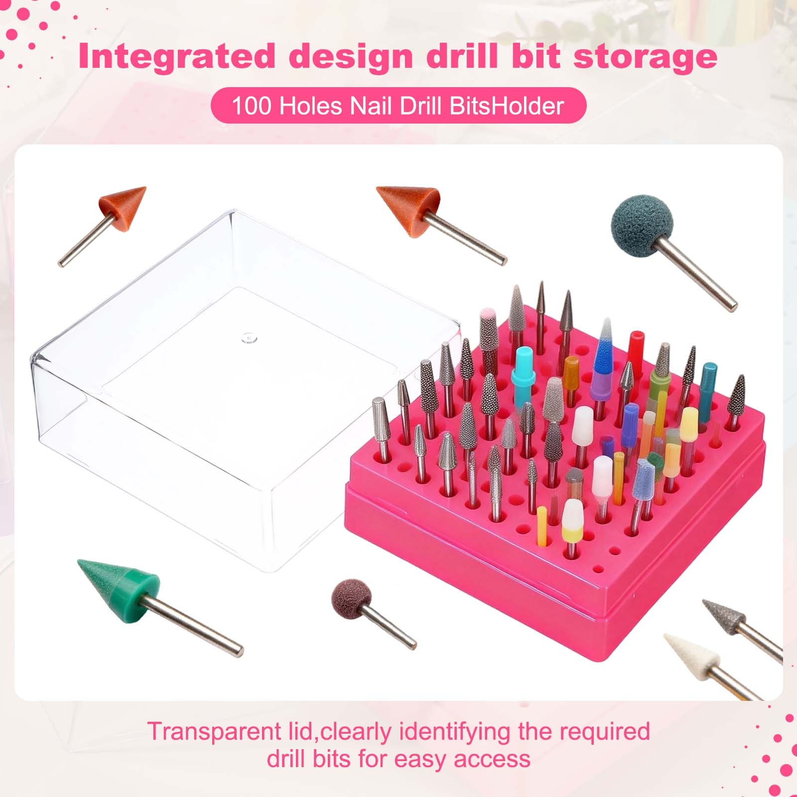 Nail Drill Bits Holder 100 Holes Large Space Drills Bit Case White