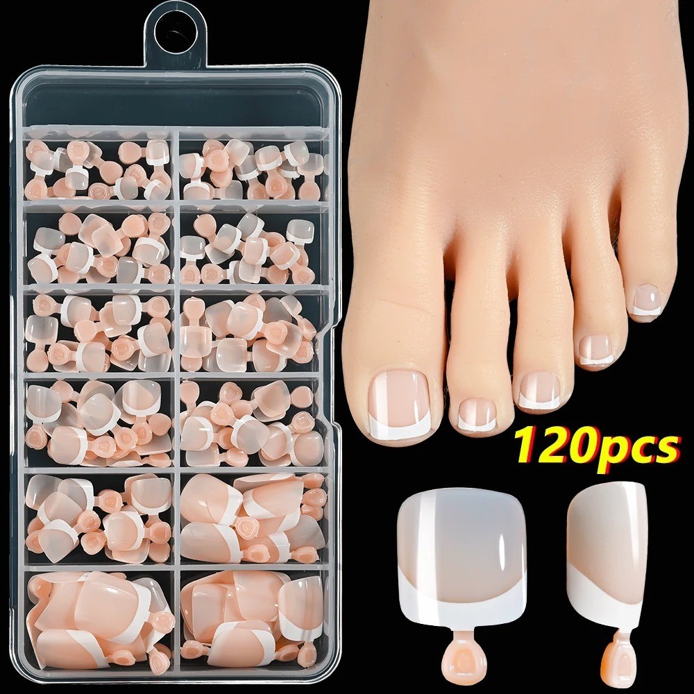 120Pcs Pink French Short Square Fake Nails 12-Sizes Full Cover Press On Nails We