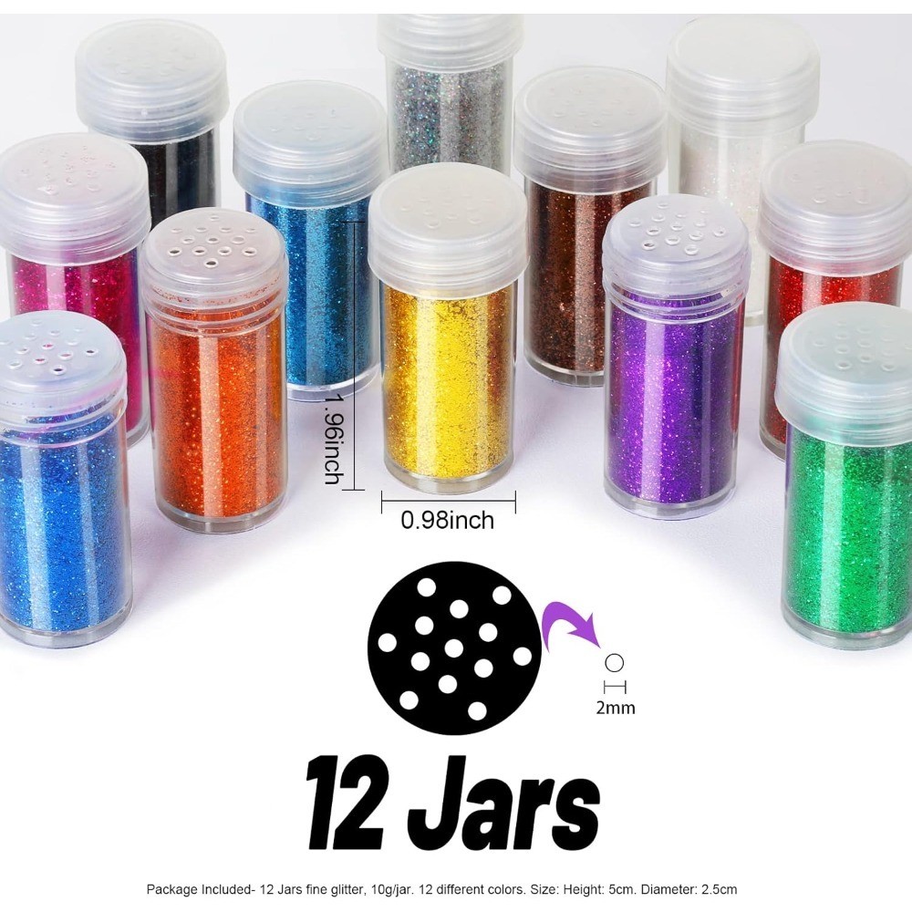 Extra Fine Glitter Powder 12 Color Set 10g Shake Jars for Arts Crafts Nail Art