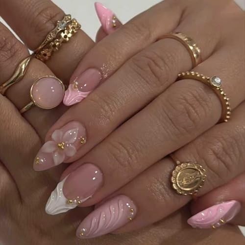 Medium Almond Press on Nails Flower Acrylic Fake Nails Press ons Design A01