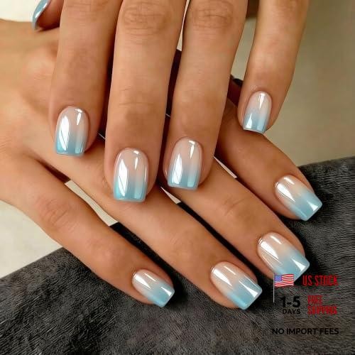 Ombre Press on Nails – Short Square – Glazed Gradient Teal Blue – Square – Ombre