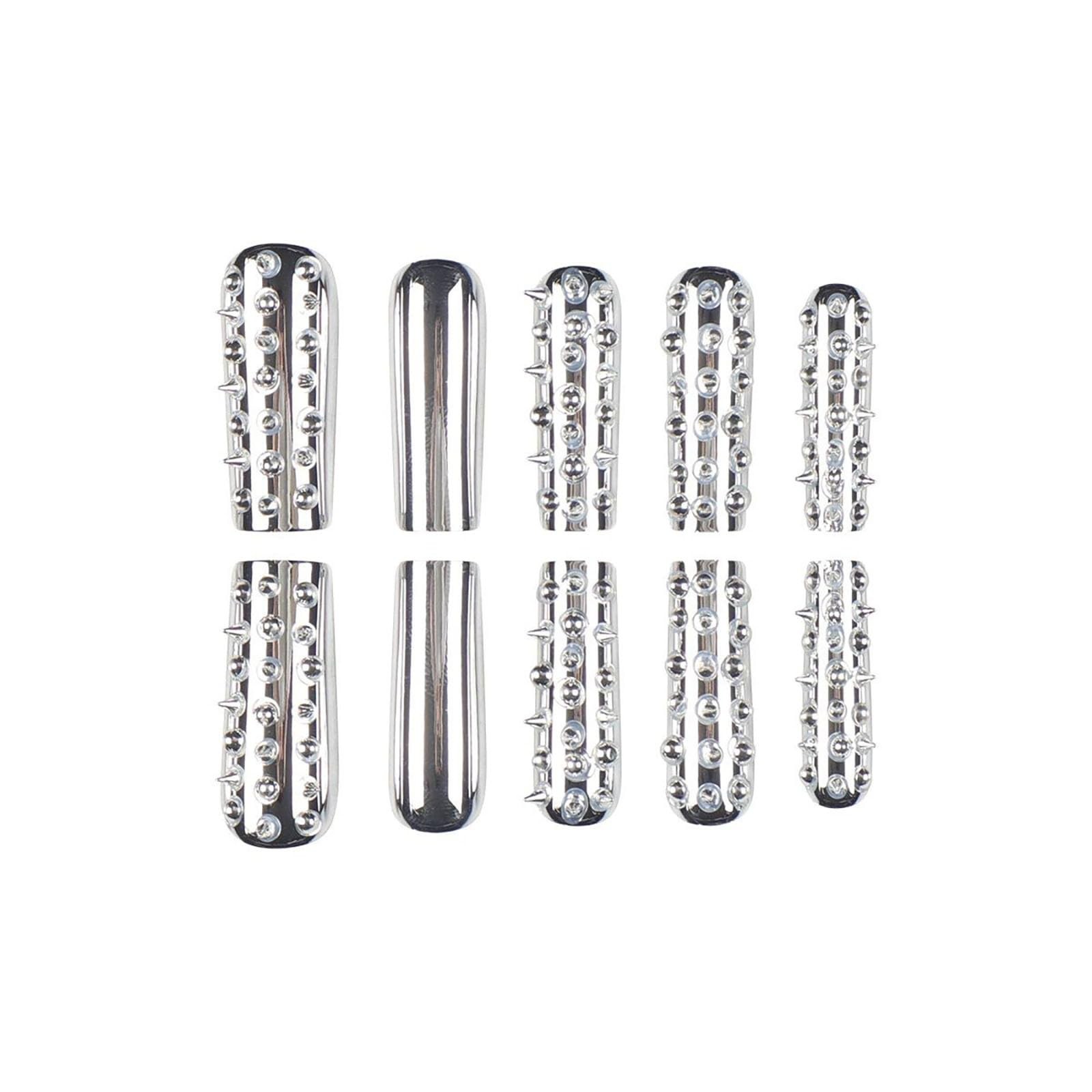Extra Long Square Metal Silver Plating Press On Nails, Full Cover Glossy Acrylic