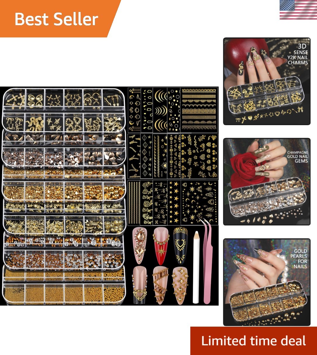 Elegant Gold Nail Charms & Rhinestones Set – 21 Unique Designs for Exquisite Art