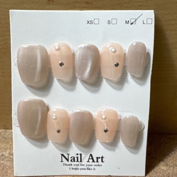Cat Eye Press On Nails Medium Square Rhinestone Pearl Accents Nude Peach