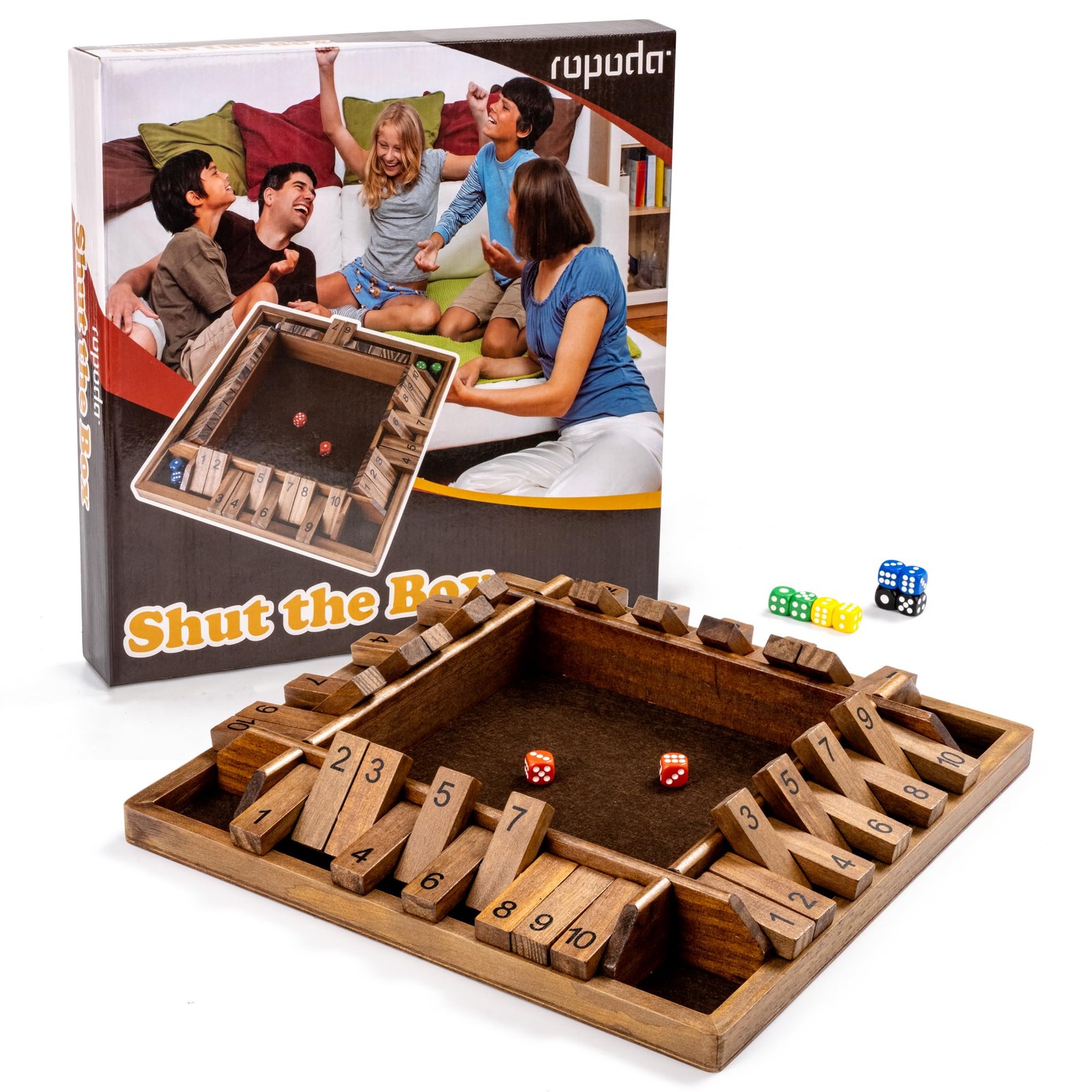 ropoda 14 Inches 4-Way Shut The Box Game (2-4 Players) for Kids & 14in, Brown