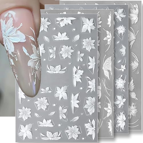 White Lace Flower Butterfly Nail Art Stickers 3D Flower Nail Stickers for Nail