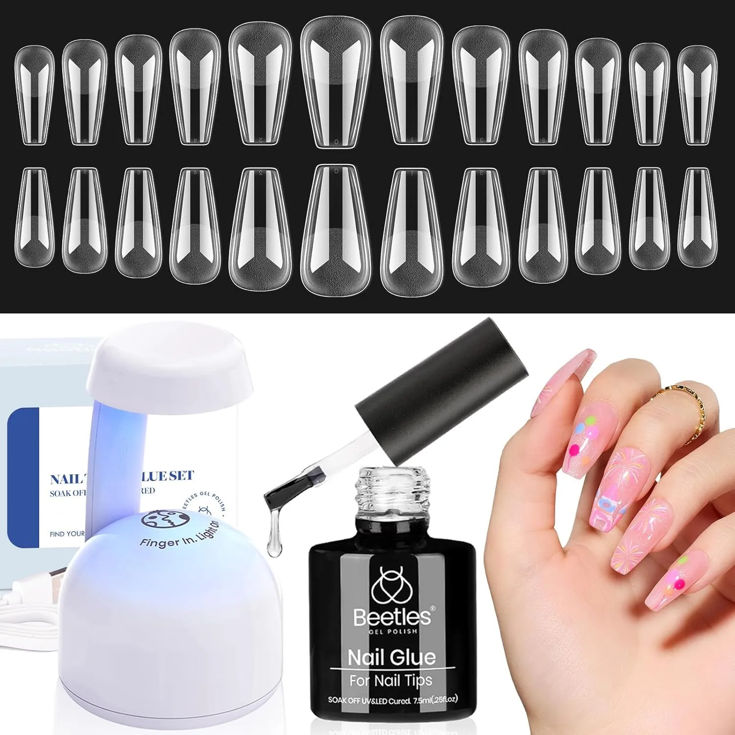 Short Almond Nail Tips Extension Set 240 Pcs With 9 In 1 Glue And UV LED Lamp
