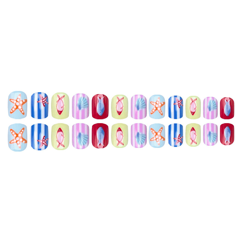 48Pcs Cartoon Fish Starfish Short Square Press on Nails, Lovely Beach Fake Nails