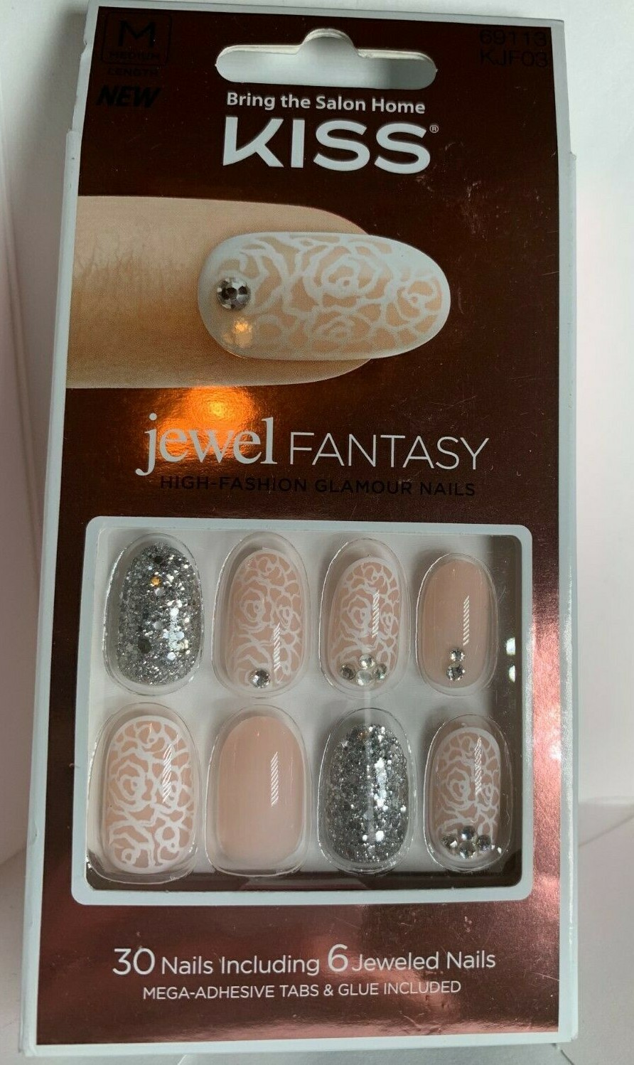 Kiss Nails Jewel Fantasy Glue or Press on Manicure Floral Lace Pink Silver