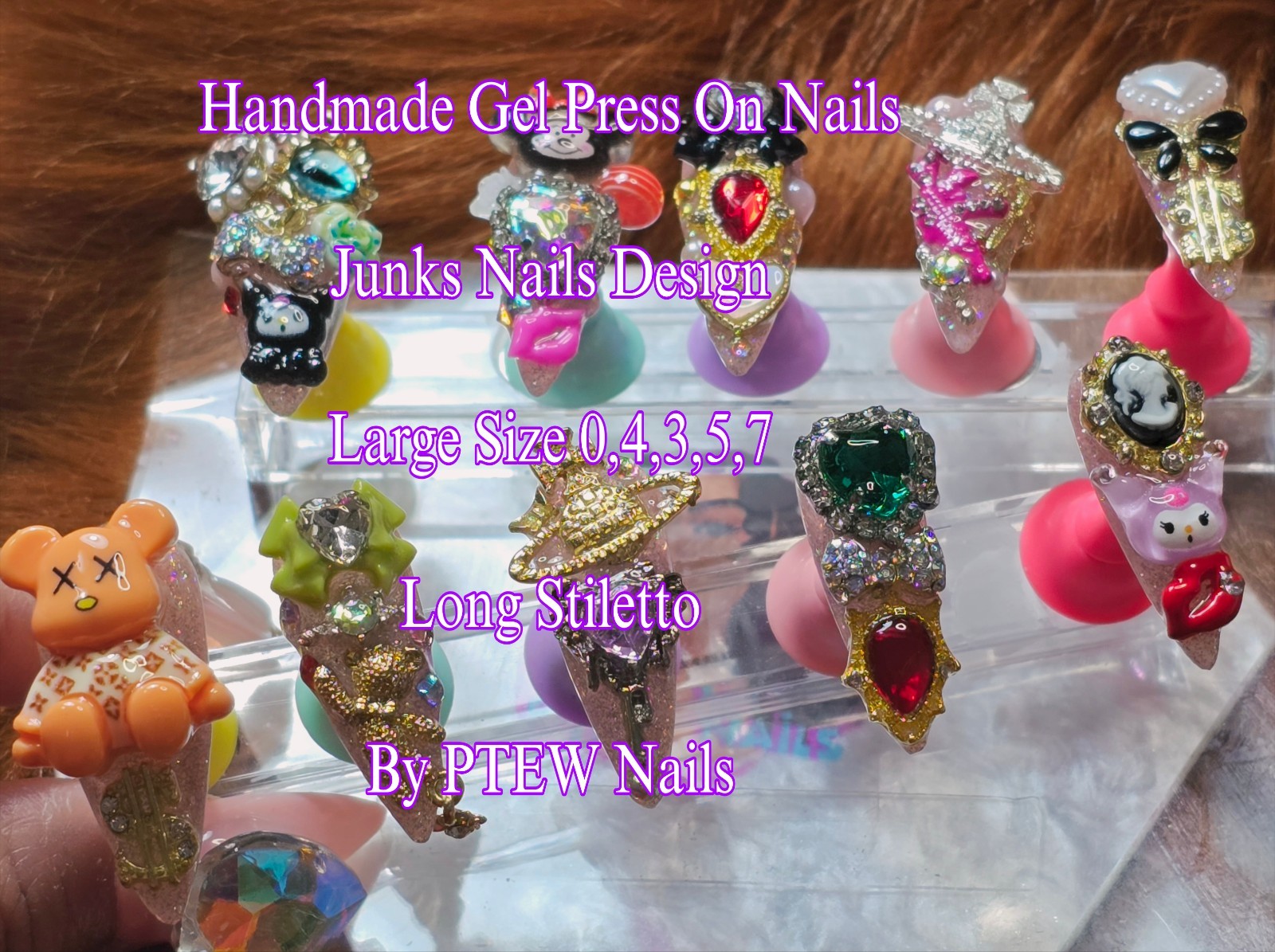 Handmade Gel Press On Nails,Junkie Nails, Large Size 0,4,3,5,7 Long Stiletto
