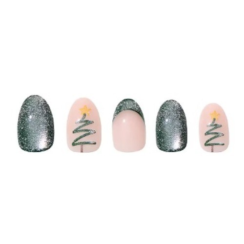 Glamnetic Press On Nails Short Oval Velvet Pine Holiday Green Tree Design