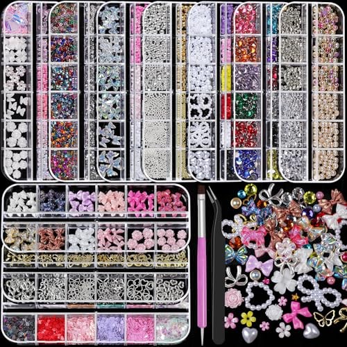 Nail Charms and Gems, Charms for Nails Design Kit with 10 Boxes 3D Nail 10 Kits