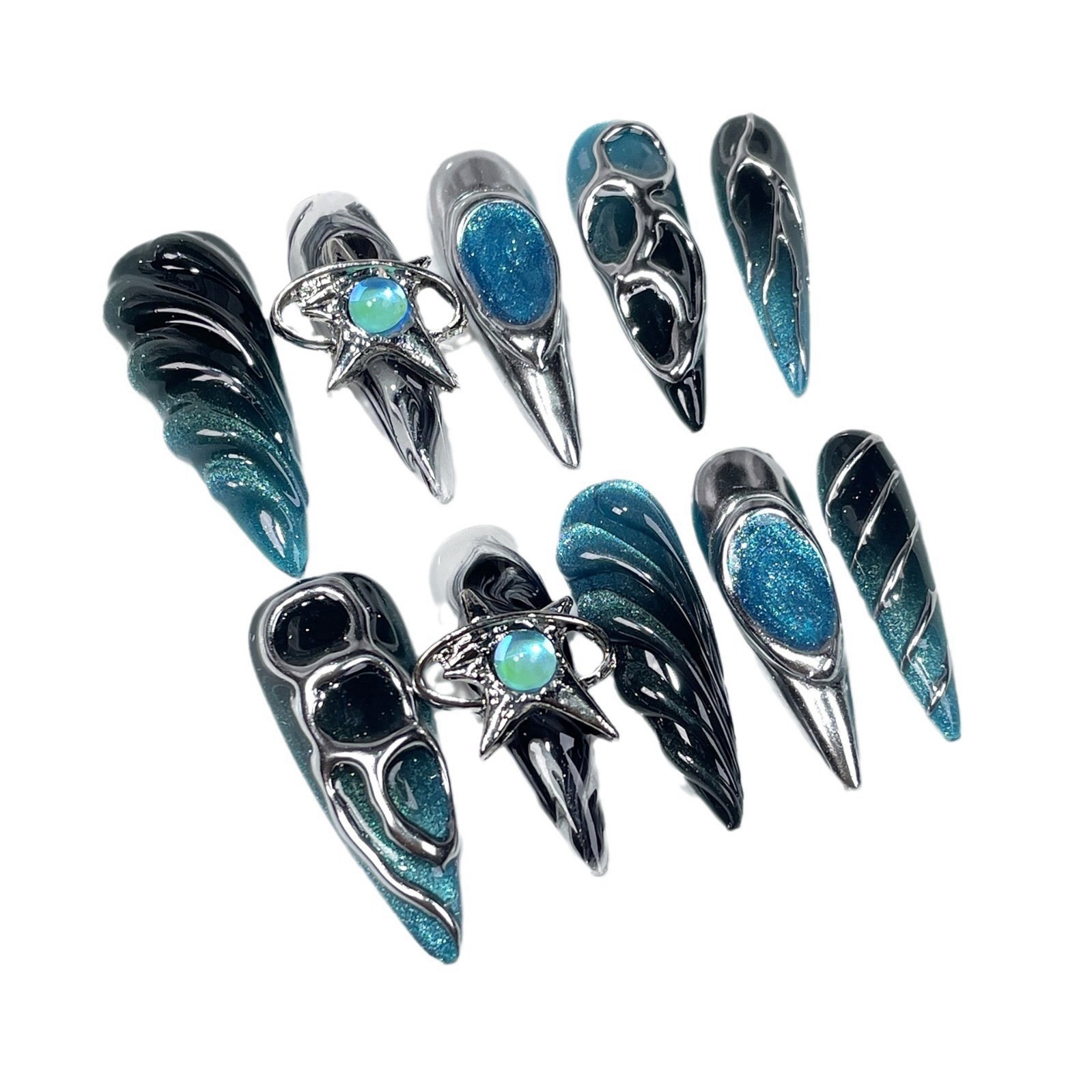 Artistic Stiletto False Nails | 3D Metal Details & Blue Sparkle | Unique Design